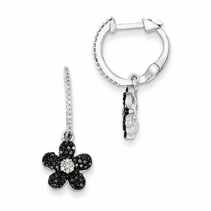 QE10891 Closeouts Sterling Silver Black & White Diamond Flower Hinged Hoop Earrings