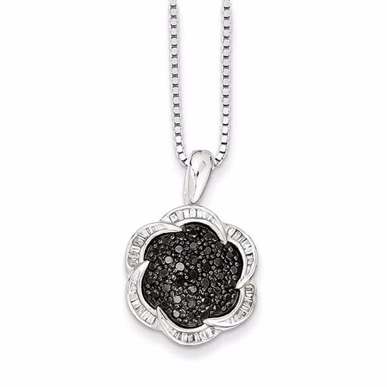 QP3826 Closeouts Sterling Silver Black Diamond Flower Pendant