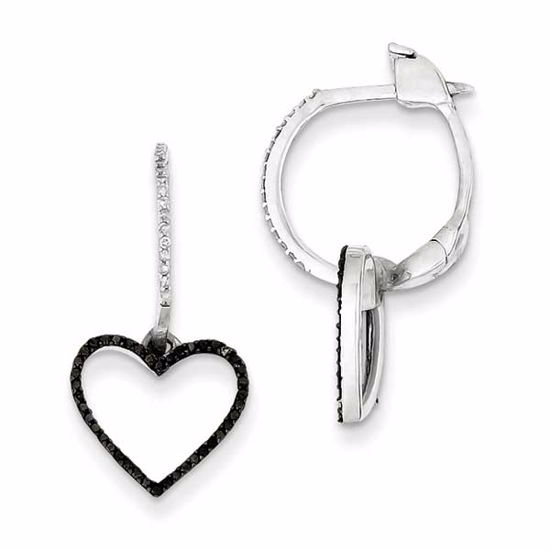 QE10824 White Night Sterling Silver Black and White Diamond Heart Hinged Hoop Earrings