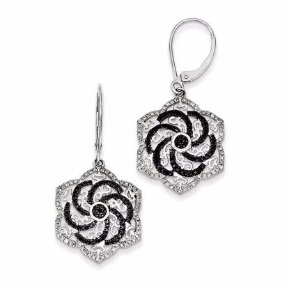 QE10881 Closeouts Sterling Silver Rhodium Plated Black & White Dia. Flower Earrings