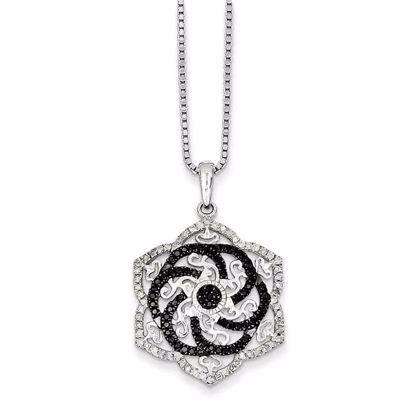 QP3812 Closeouts Sterling Silver Rhodium Plated Black & White Dia. Flower Pendant