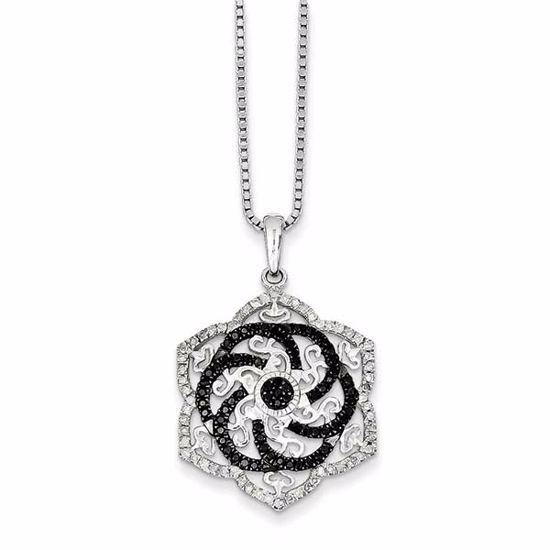 QP3812 Closeouts Sterling Silver Rhodium Plated Black & White Dia. Flower Pendant