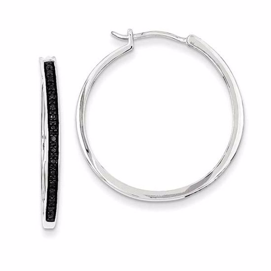 QE10926 White Night Sterling Silver Black Diamond Hoop Earrings