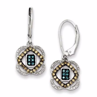 QE10705 Closeouts Sterling Silver White, Champagne & Blue Diamond Leverback Earrings