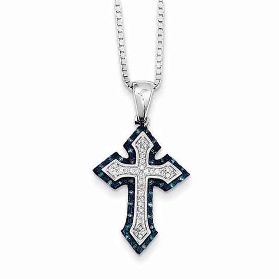 QP3731 White Night Sterling Silver Rhodium Plated Blue & White Diamond Cross Pendant