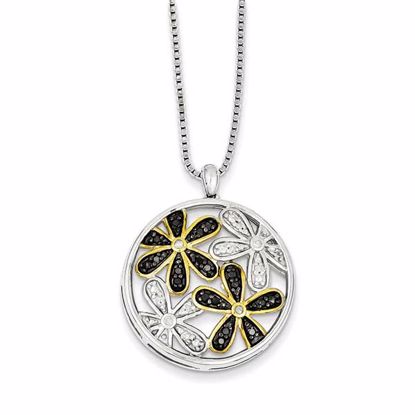 QP3822 White Night Sterling Silver & Flash Gold-plate White/Black Diamond Flower Pendant