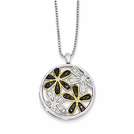 QP3822 White Night Sterling Silver & Flash Gold-plate White/Black Diamond Flower Pendant