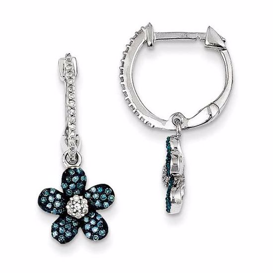 QE10801 White Night Sterling Silver Blue & White Diamond Flower Hinged Hoop Earrings