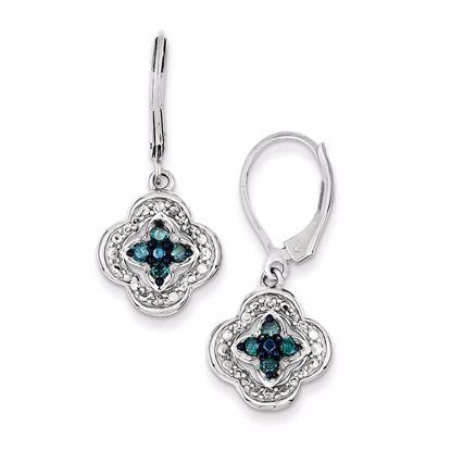 QE10792 Closeouts Sterling Silver Dangle White & Blue Diamond Leverback Earrings