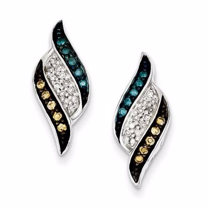 QE10707 Closeouts Sterling Silver White, Champagne & Blue Diamond Stud Earrings