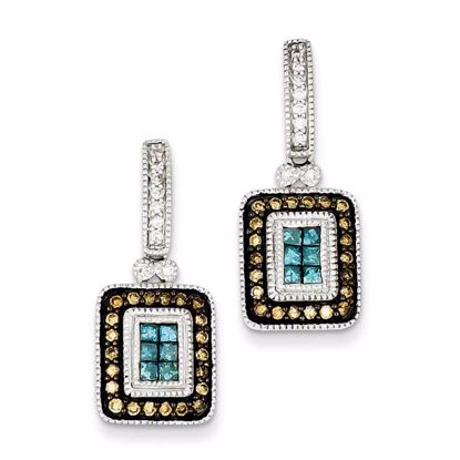 QE10708 Closeouts Sterling Silver Antiqued Dangle Square White, Champagne & Blue Diamond P