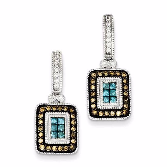 QE10708 Closeouts Sterling Silver Antiqued Dangle Square White, Champagne & Blue Diamond P