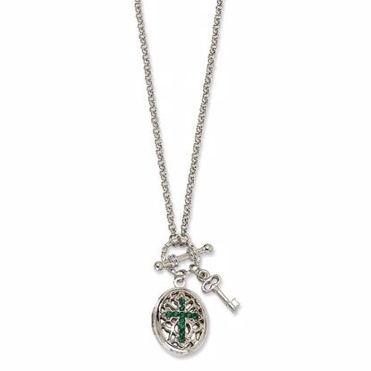BF694 1928 Silver-tone Dark Green Crystal Cross Locket 24in Necklace
