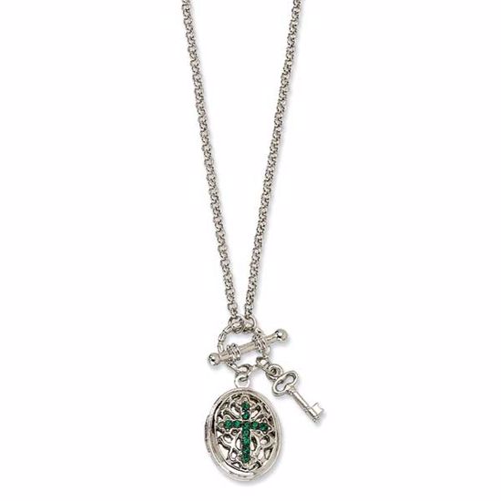 BF694 1928 Silver-tone Dark Green Crystal Cross Locket 24in Necklace