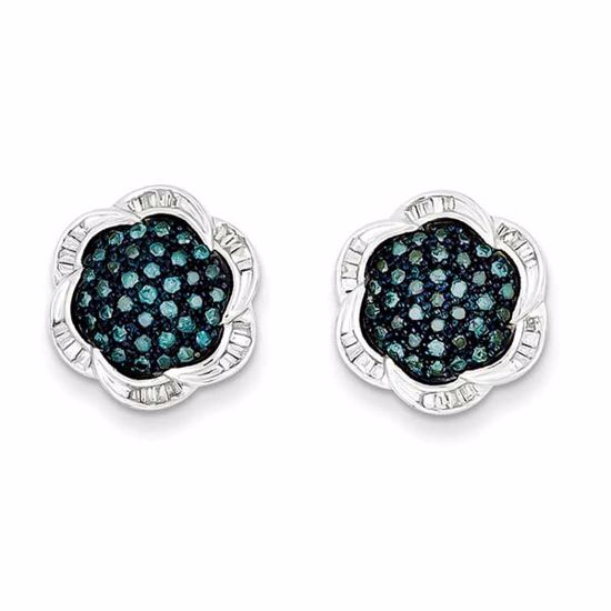 QE10791 White Night Sterling Silver Blue Diamond Flower Post Earrings