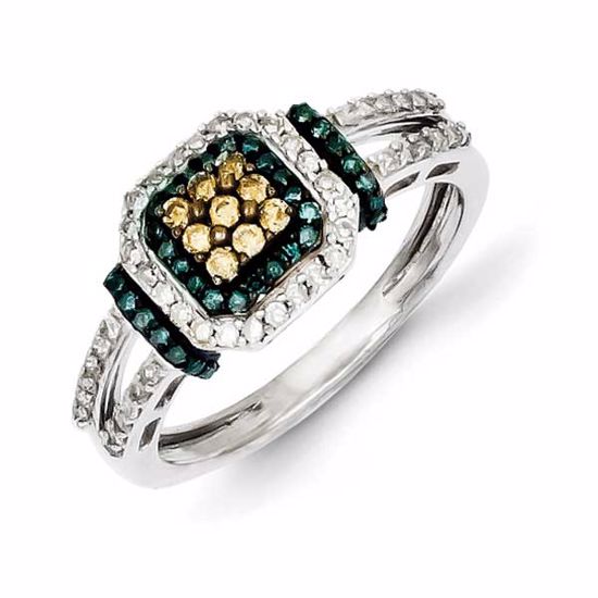 QR5156-7 White Night Sterling Silver White, Champagne & Blue Cluster Diamond Ring