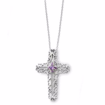 QSX136 Confirmation/Communion Sterling Silver Feb. CZ Birthstone Message of the Cross 18in Necklace