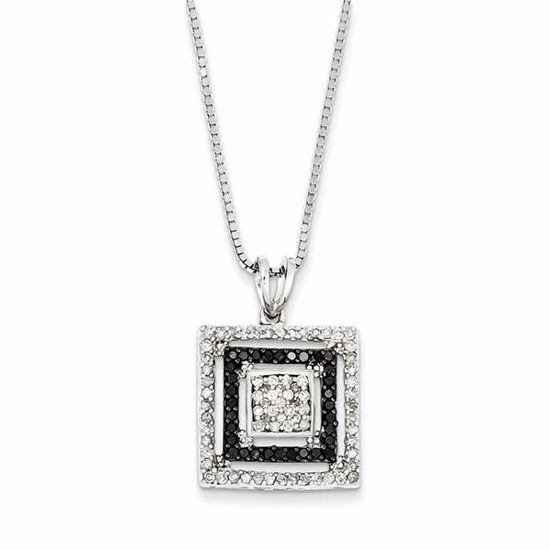 QP2344 Closeouts Sterling Silver Black and White Diamond Square Design Pendant