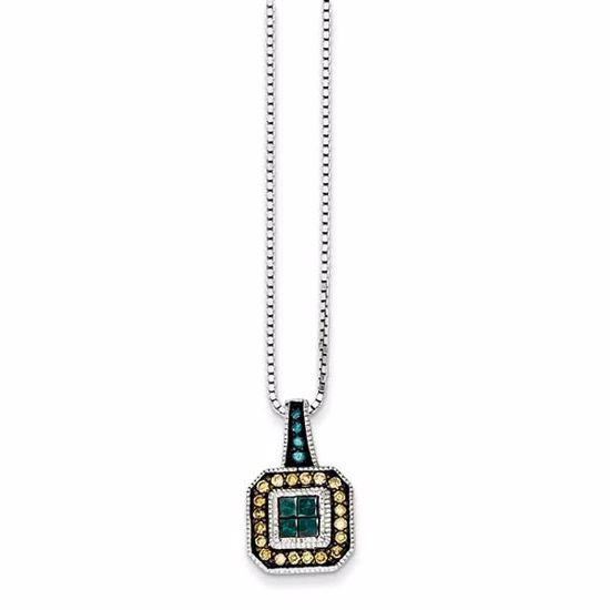 QP3632 Closeouts Sterling Silver Antiqued Square White, Champagne & Blue Diamond Pendant