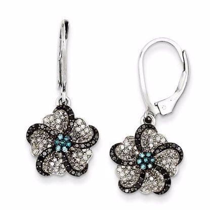QE10711 Closeouts Sterling Silver Flower White, Black & Blue Diamond Leverback Earrings