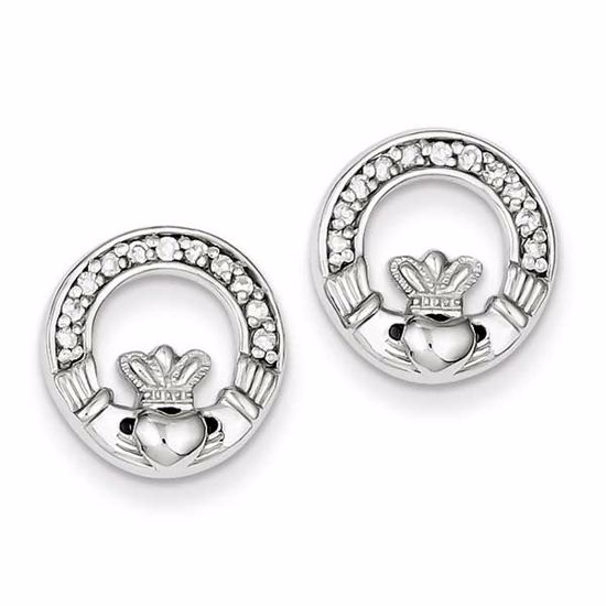 QE9223 Celtic Sterling Silver Rhodium Plated CZ Claddagh Post Earrings