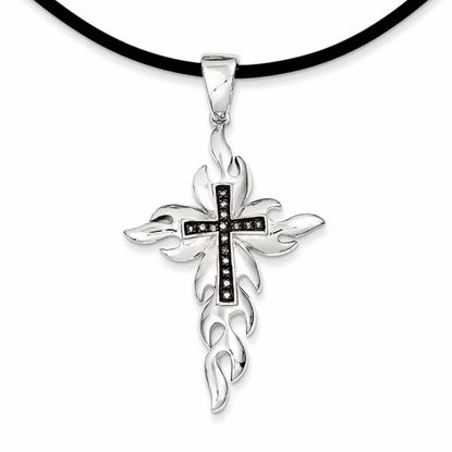 QP3854 Valentine's Day Sterling Silver Diamond Flaming Black Rhodium-plated Cross Pendant