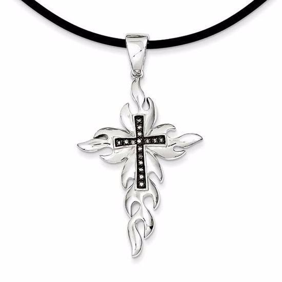 QP3854 Valentine's Day Sterling Silver Diamond Flaming Black Rhodium-plated Cross Pendant