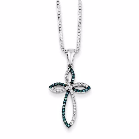QP3730 Confirmation/Communion Sterling Silver Rhodium Plated Blue & White Diamond Cross Pendant