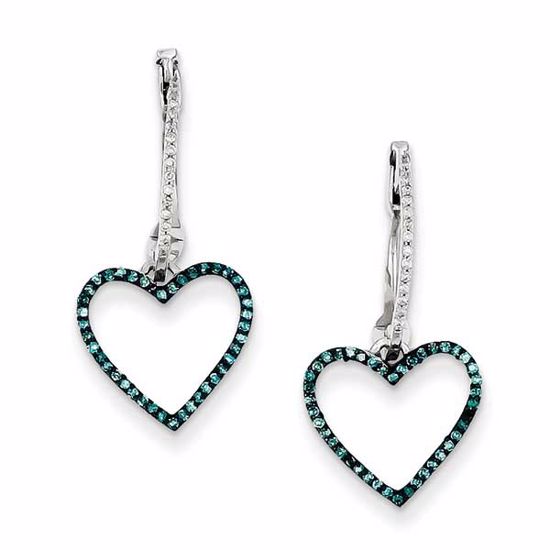 QE10716 White Night Sterling Silver Blue and White Diamond Heart Hinged Hoop Earrings
