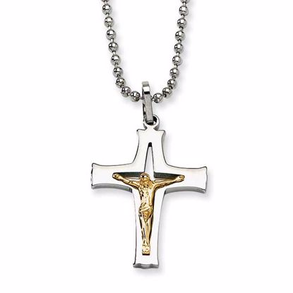 SRN486-22 Chisel Stainless Steel 14k Accent Crucifix Pendant Necklace