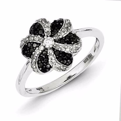 QR3302-6 Closeouts Sterling Silver Black and White Diamond Flower Ring