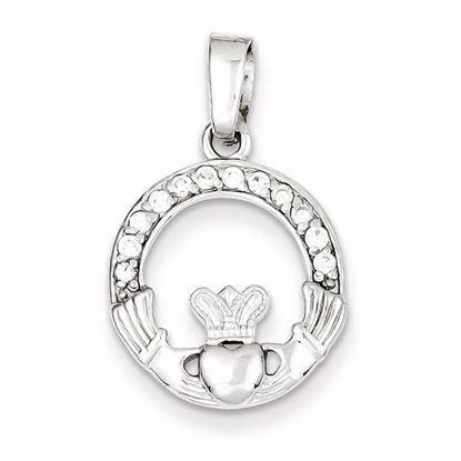QC7622 Celtic Sterling Silver Rhodium Plated CZ Claddagh Pendant