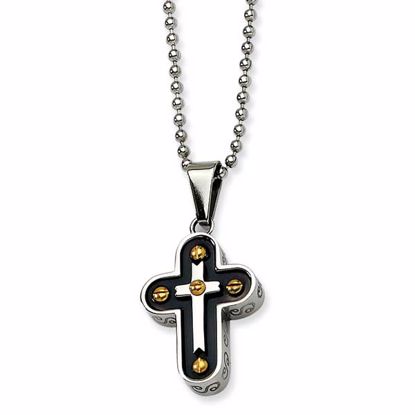SRN472-22 Chisel Stainless Steel Black & Yellow IP-plated Cross Necklace