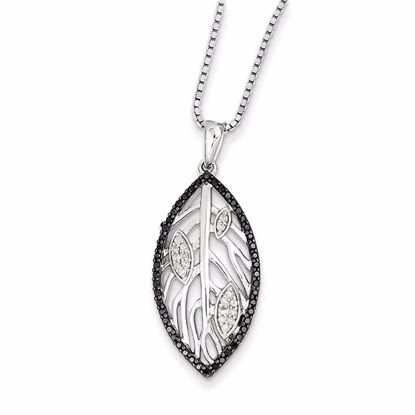 QP3827 Closeouts Sterling Silver Rhodium Plated Black & White Diamond Leaf Pendant