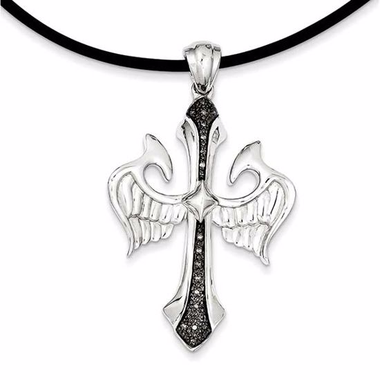 QP3853 White Night Sterling Silver Diamond Black Rhodium-plated Cross & Wings Pendant