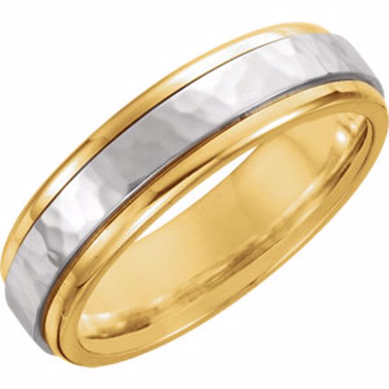 50158:222437:P 18kt Yellow & Platinum 6mm Comfort-Fit Band with Hammered Finish Size 5.5