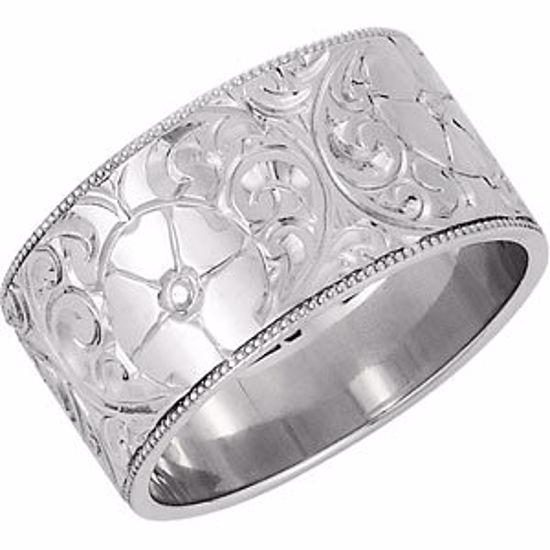 50065:175357:P 14kt White 10mm Hand Engraved Band Size 8