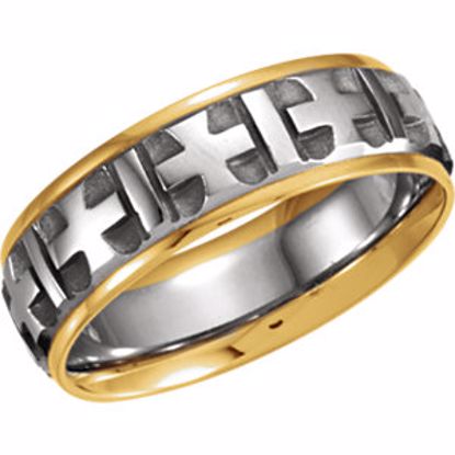 50308:266676:P 14kt White & Yellow  7mm Comfort-Fit Cross Pattern Band Size 11