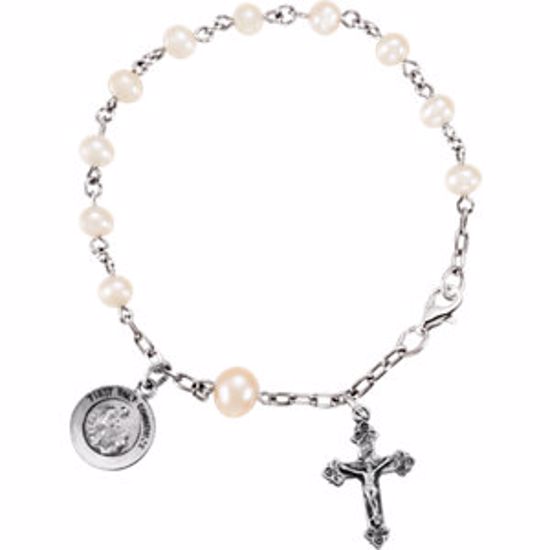R41905:296712:P Sterling Silver First Holy Communion Freshwater Cultured Pearl Rosary Bracelet