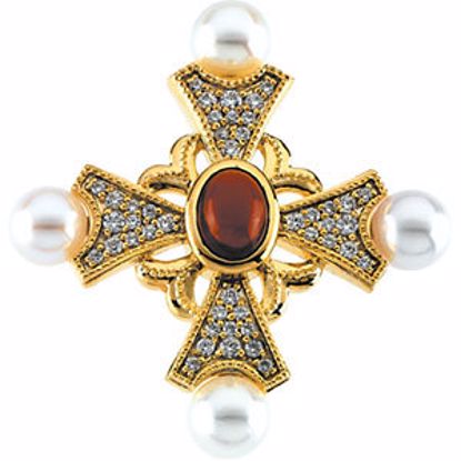 R45145P:101:P 14kt Yellow Cultured Pearl, Garnet & 1/2 CTW Diamond Cross Brooch/Pendant