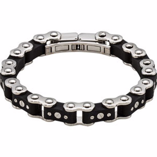 B919:101:P Stainless Steel & Black Rubber Bike Chain Link 8.5" Bracelet