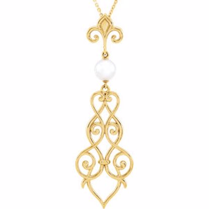 85637:70000:P 14kt Yellow 6mm Pearl Fleur-De-Lis Scroll 18" Necklace