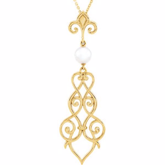 85637:70000:P 14kt Yellow 6mm Pearl Fleur-De-Lis Scroll 18" Necklace