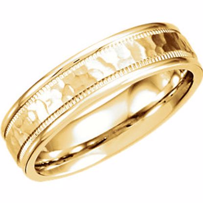 51209:167:P 14kt Yellow 6mm Fancy Carved Band with Micro-Hammer Finish Size 6