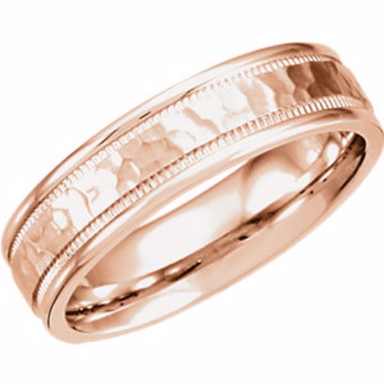 51209:127:P 14kt Rose 6mm Fancy Carved Band with Micro-Hammer Finish Size 7