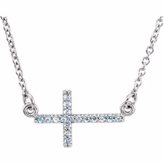 R42323:60006:P 14kt White Aquamarine Sideways Cross 16-18" Necklace 