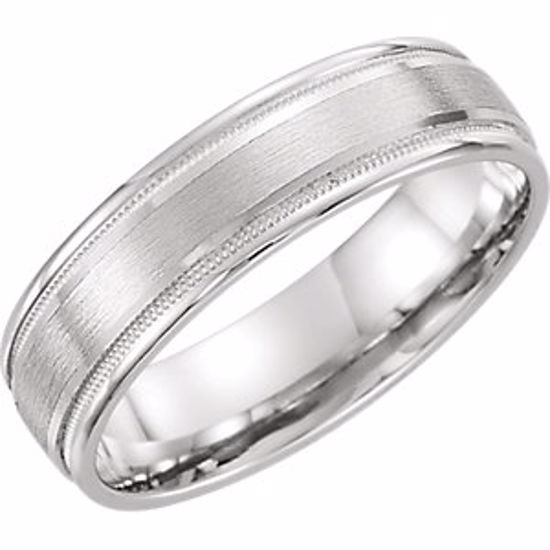 51538:138:P 14kt White 6mm Flat Edge Comfort Fit Milgrain Satin Finish Band Size 9