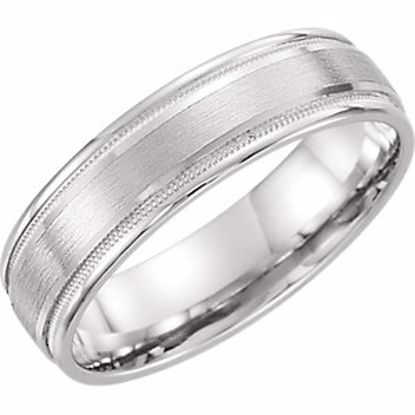 51538:130:P 14kt White 6mm Flat Edge Comfort Fit Milgrain Satin Finish Band Size 5