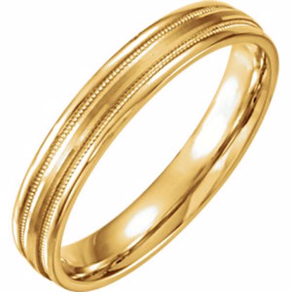 51538:121:P 14kt Yellow 4mm Flat Edge Comfort Fit Milgrain Satin Finish Band Size 8