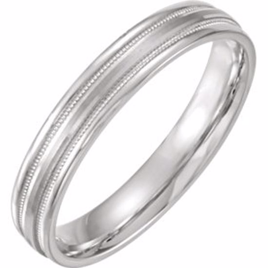 51538:112:P 14kt White 4mm Flat Edge Comfort Fit Milgrain Satin Finish Band Size 11